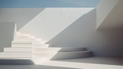 a set of white stairs leading up to the top of a building with white walls and a blue sky in the background with a few clouds in the foreground.