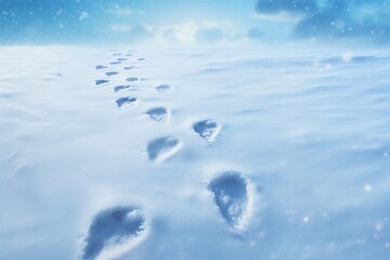 A trail of heart-shaped footprints in the snow on a silver background. frost