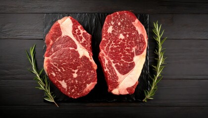 Fresh raw rib eye steaks isolated on black wooden background