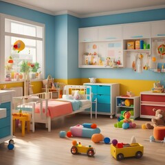 Pediatric ward A colorful and cheerful children's ward with playful decor, toys, and doctors or nurses interacting with young patients