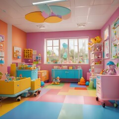 Pediatric ward A colorful and cheerful children's ward with playful decor, toys, and doctors or nurses interacting with young patients - obrazy, fototapety, plakaty