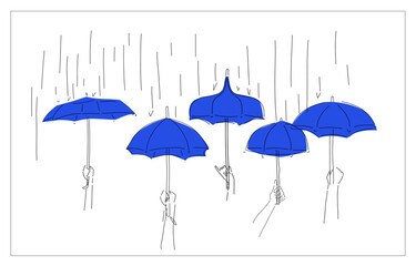 hand drawn vector illustration of a group of people holding up their umbrella_ inviting, friendly, club, help, protect, wellness, support _ heartwarming editorial illustration 