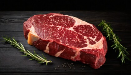 Fresh raw rib eye steaks isolated on black wooden background. Rustic style.