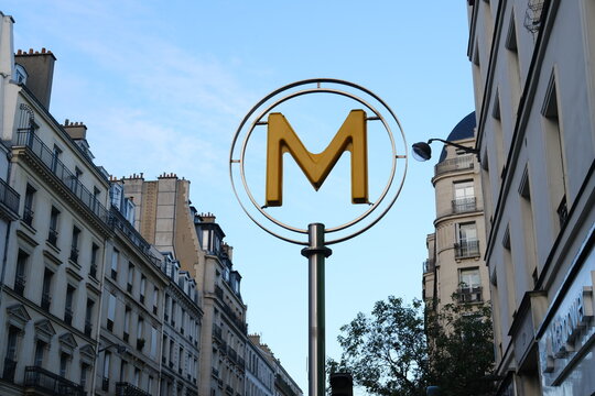 A close-up of a metro sign. Paris, France - September 25, 2023.