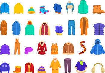 Wardrobe winter icons set cartoon vector. Coat jacket. Season sweater