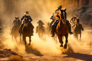 Wild West pursuit, galloping horses kicking up dust, outlaw escaping through a sunlit canyon, determined posse in pursuit, dramatic chase scene. - obrazy, fototapety, plakaty
