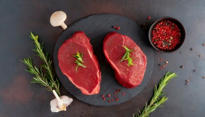 Raw beef fillet steaks mignon on dark background