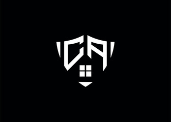 Real estate letter CA shield shape logo and house building vector template