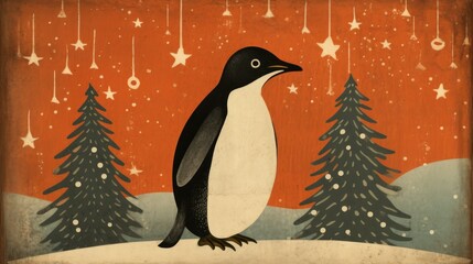  a painting of a penguin standing in front of a christmas tree with stars and snowflakes on the background of an orange sky with white snowflakes and stars.