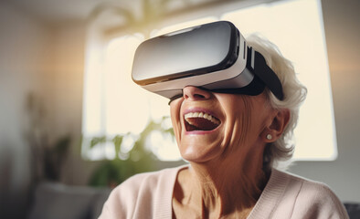 Senior Woman Experiencing Virtual Reality at Home