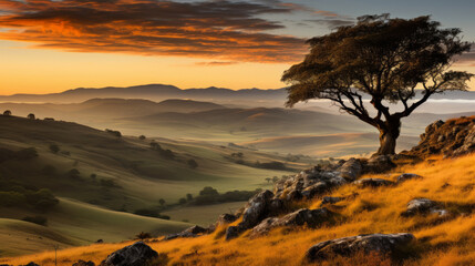 tranquil scene of the rolling plains and low mountains of Cordoba, Argentina, during sunrise