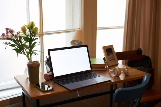 Background image of elegant home office workplace decorated with flowers, laptop screen mock up