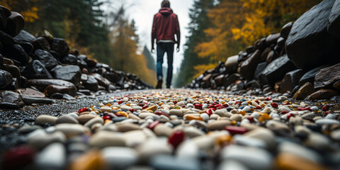 Symbolic journey of overcoming drug addiction with scattered pills on the ground and a person walking towards freedom in autumn - obrazy, fototapety, plakaty