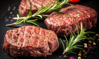 Raw seasoned beef patties with fresh rosemary herbs and spices on a black slate, ready for grilling or cooking