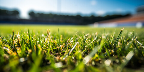 Close-up view of fresh green grass on a sunny day at a sports stadium with blurred background...