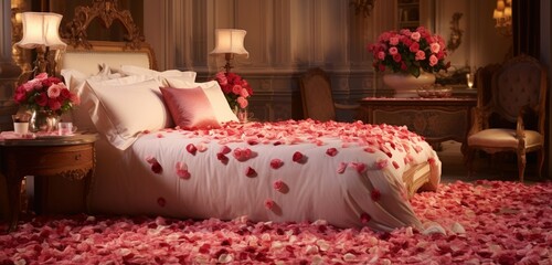 A bed covered in soft, velvety rose petals in a charming and elegant arrangement.