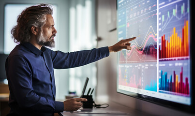 Senior Data Scientist Engaged in Presenting Risk Management Strategies Using Interactive Digital Display in Modern Office
