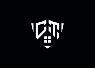 Real estate letter CT shield shape logo and house building vector template