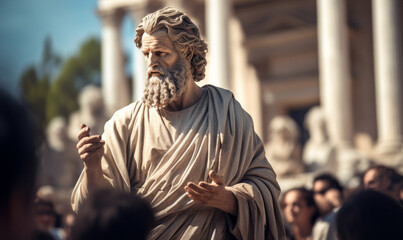 Naklejka premium Ancient Philosopher Statue Delivering a Speech in Front of a Classical Greek Architecture with an Audience Listening Intently
