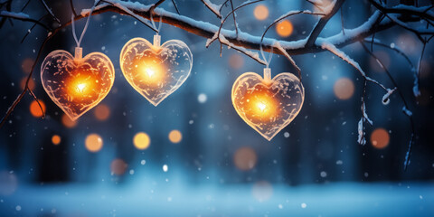 Illuminated Frosty Heart Decorations Hanging on Branches with Glowing Bokeh Lights in a Magical Winter Night Background - obrazy, fototapety, plakaty