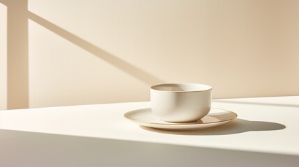 Fototapeta na wymiar a white cup sitting on top of a saucer on top of a white table next to a shadow of a light coming from a window on the side of a wall.