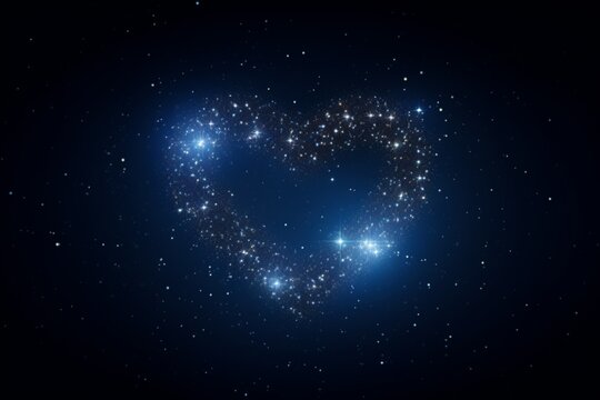 Silhouette of a heart made from sparkling stars on a deep indigo background. Background.