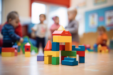Building bricks and blurry playing children in background in children day care center, kindergarten...