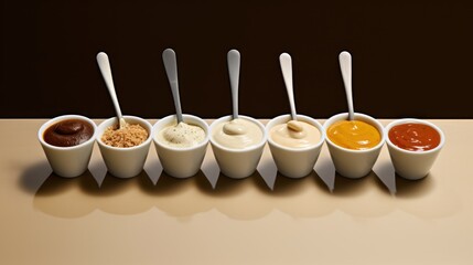  a row of cups filled with different types of dips and sauces with spoons sticking out of the top of the cups, on a light brown surface.