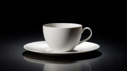 Fototapeta premium a white coffee cup sitting on top of a white saucer on top of a white saucer on top of a white saucer on a black surface with a black background.