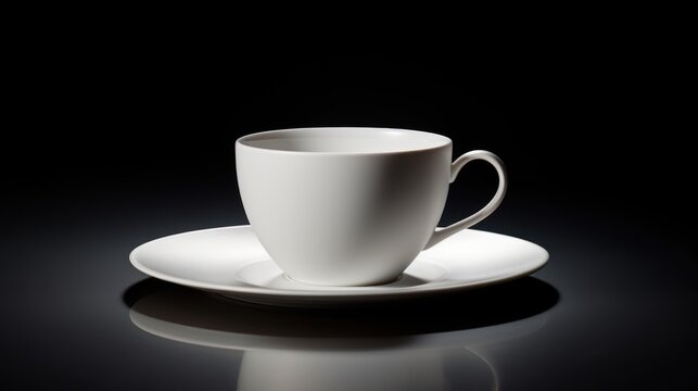  a white coffee cup sitting on top of a white saucer on top of a white saucer on top of a white saucer on a black surface with a black background.