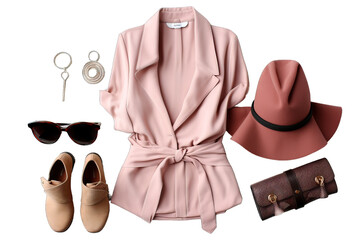 collection shopping flat elegant boutique discount concept merchandise clothing shirt blouse purse heel high shoe succulent watch jean woman trendy fashion clothes collage white fl lay top view