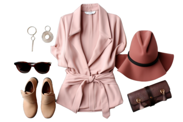 collection shopping flat elegant boutique discount concept merchandise clothing shirt blouse purse heel high shoe succulent watch jean woman trendy fashion clothes collage white fl lay top view