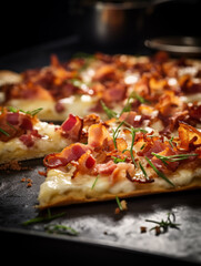 Typical Alsatian dish called Flammekueche or tarte flambée commonly known as the German Pizza nicely garnished.