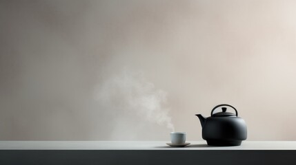  a teapot with steam coming out of it and a cup of coffee on a saucer on a table with a light colored wall in the background behind it.