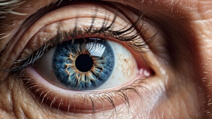  a close up of a person's eye with a blue eyeball in the center of the iris of the eye, with a black circle around the outside of the eye visible part of the eye. - obrazy, fototapety, plakaty