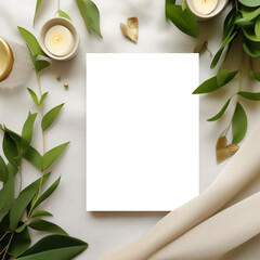 Serene 5x7 Greeting Card Mockup with Greenery, Candles, and Cream Satin. Transparent PNG Mockup