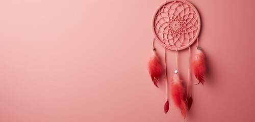 A captivating red heart-shaped dream catcher hanging gracefully against a pastel pink wall, symbolizing love and positive energy.