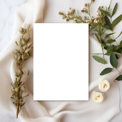 Elegant 5x7 Invitation Card Mockup with White Satin and Natural Elements. Transparent PNG Mockup