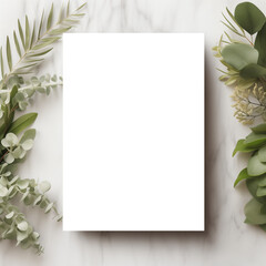 Elegant 5x7 Card Mockup with Greenery and Marble Texture Transparent PNG Mockup