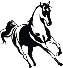 Cartoon Black and White Isolated Illustration Vector Of A Running Stallion Horse
