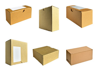 Closed rectangular cardboard box with corrugated cardboard lid isolated on white background