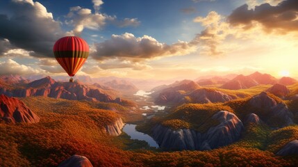  a hot air balloon flying in the sky over a mountain range with a lake in the foreground and a mountain range in the background with trees and mountains in the foreground.