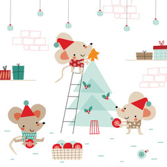Vector Illustation with Mice Decorating the Christmas Tree. Cute cartoon Christmas characters.