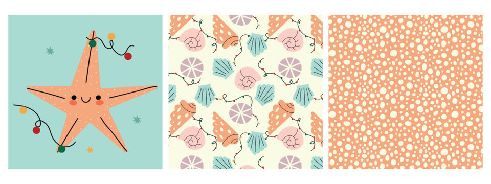  Set of tropical beach sea shell seamless pattern. Summer marine animal background design. Vacation travel concept. Ocean snail collection flat cartoon backdrop illustration.