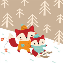 Funny foxes sledding. Cute cartoon Christmas characters. Vector illustration.
