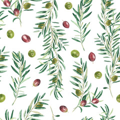 Watercolor seamless pattern with branches of green and red olives on a white background. Can be used for textile, wallpaper prints, kitchen, food and cosmetic design.