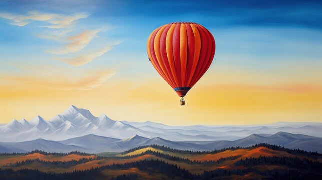  a painting of a hot air balloon flying in the sky over a mountain range with a mountain range in the background and a blue sky with a few white clouds.