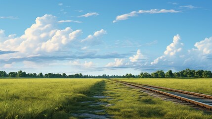 Fototapeta premium a painting of a train track in the middle of a grassy field with trees in the distance and a blue sky with white clouds in the middle of the day.