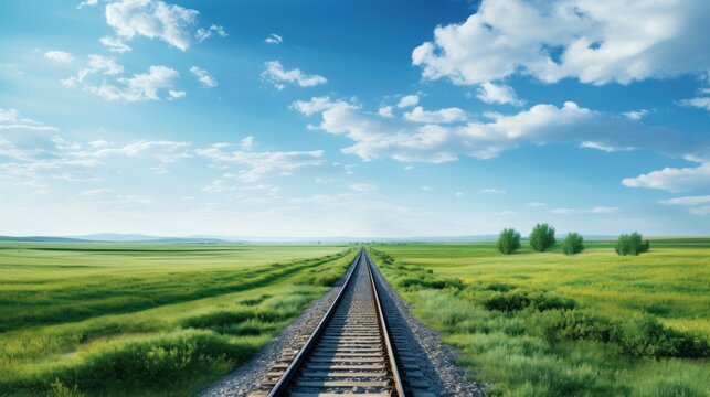  a train track in the middle of a green field with a blue sky in the background and a few clouds in the sky over the top of the train tracks.