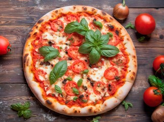 Margherita pizza on dark wood background with tomatoes, onion, Basil and mozzarella cheese.